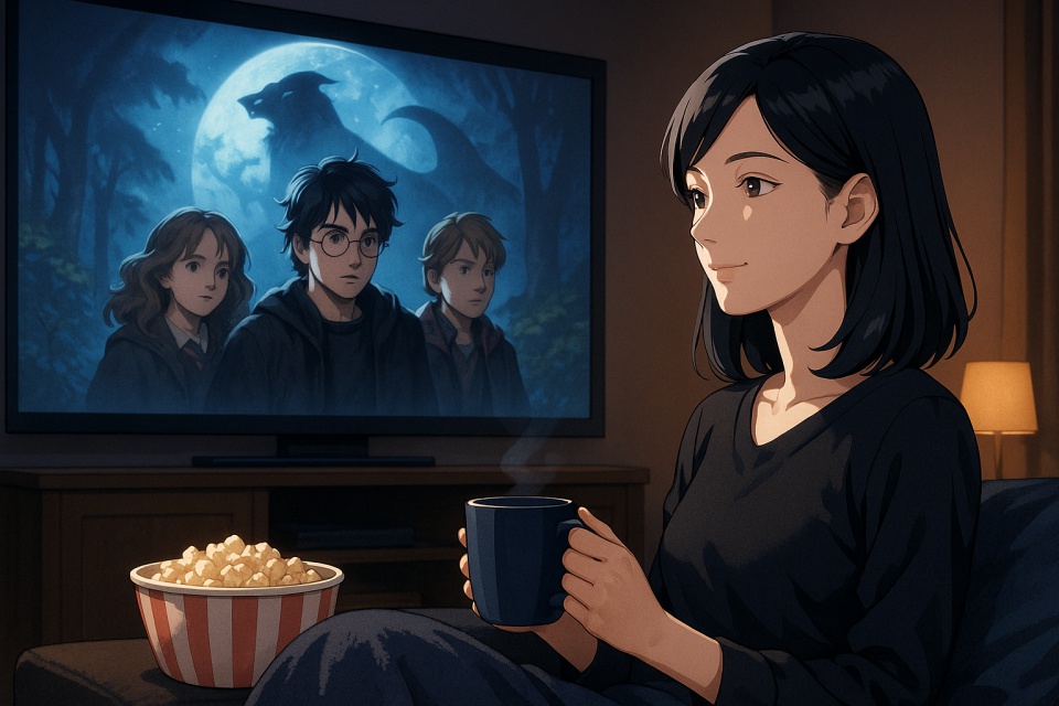 「ホームシアターで映画『ハリー・ポッターとアズカバンの囚人』を観ている28歳の日本人女性。艶やかな黒髪のストレートヘアで、ソファに座り右手にカップを持ちながらリラックスしている。スクリーンにはハリー、ハーマイオニー、ロンが映り、幻想的な青白い光が部屋を照らしている。横にはポップコーンが置かれ、家庭的な温かさと映画の魔法的な雰囲気が重なるアニメイラスト。」