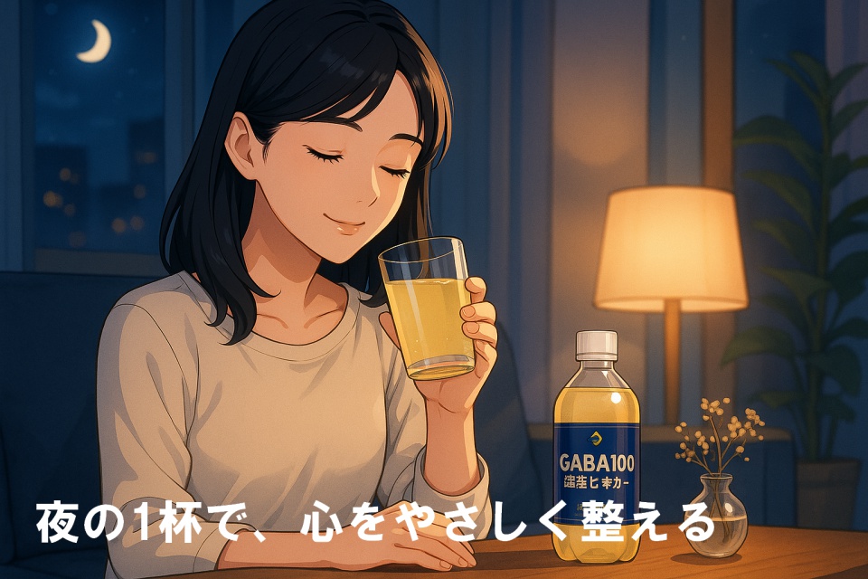 黒髪ストレートの日本人女性「あまちゃん」が、夜のリビングでGABA100睡活ビネガーを手に微笑む。 柔らかな照明と月明かりに包まれた空間で、心を癒すようにグラスを口に運ぶリラックスタイムの瞬間。