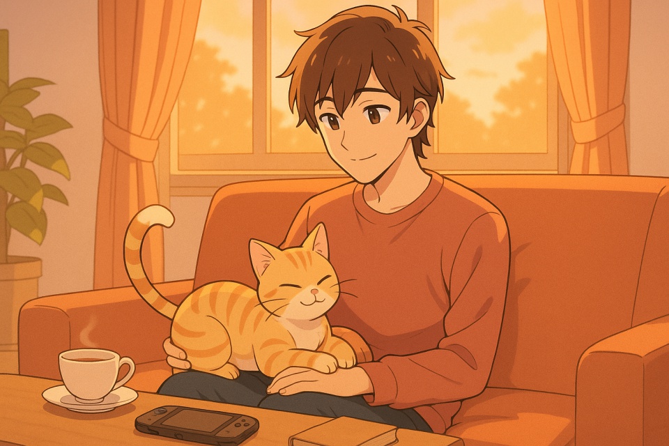 夕方の柔らかな光が差し込む部屋で、優しい表情の青年がオレンジのソファに座り、膝の上で小悪魔のように目を細めた猫を撫でているアニメイラスト。テーブルには紅茶カップとゲーム機が置かれ、穏やかな日常の温もりが漂っている。