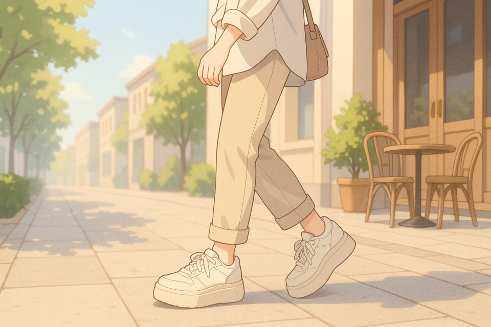 柔らかな朝の光の中、ベージュのパンツと白い厚底スニーカーを履いた女性が街を歩いているアニメイラスト。背景にはカフェテラスと緑の木々が並び、ナチュラルで軽やかな雰囲気が漂う。