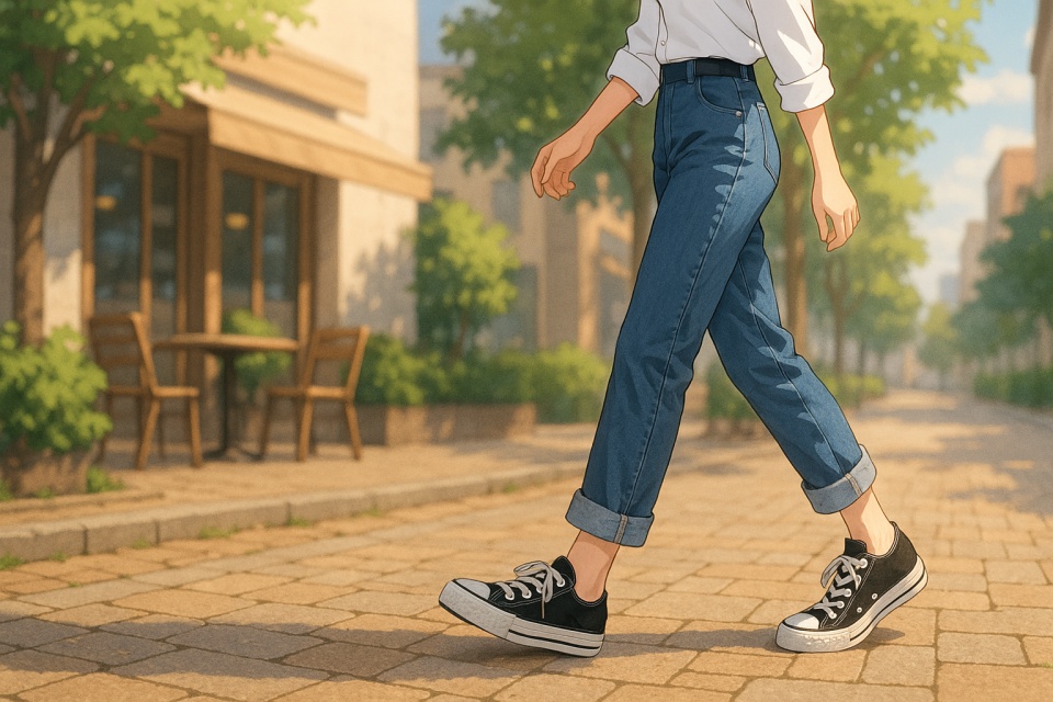 昼下がりの街角を、黒いキャンバス オールスター OXを履いた女性が歩くアニメイラスト。白いシャツにロールアップしたデニムパンツ姿で、石畳の道とカフェの外観が穏やかに描かれている。
