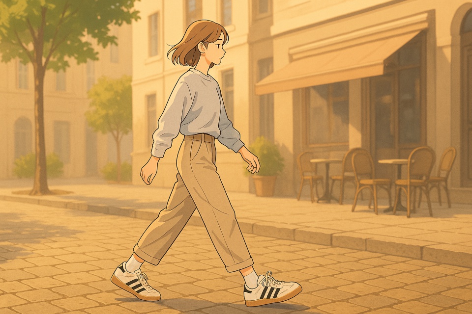 街角を歩く若い女性のアニメイラスト。 クリームホワイトとコアブラックのアディダス サンバOG レディーススニーカーを履き、 柔らかな午後の日差しの中、石畳の道を軽やかに歩いている。 背景にはカフェテラスと街路樹が描かれ、温かみのあるオレンジとベージュのトーンで 穏やかな都会の午後を表現している。