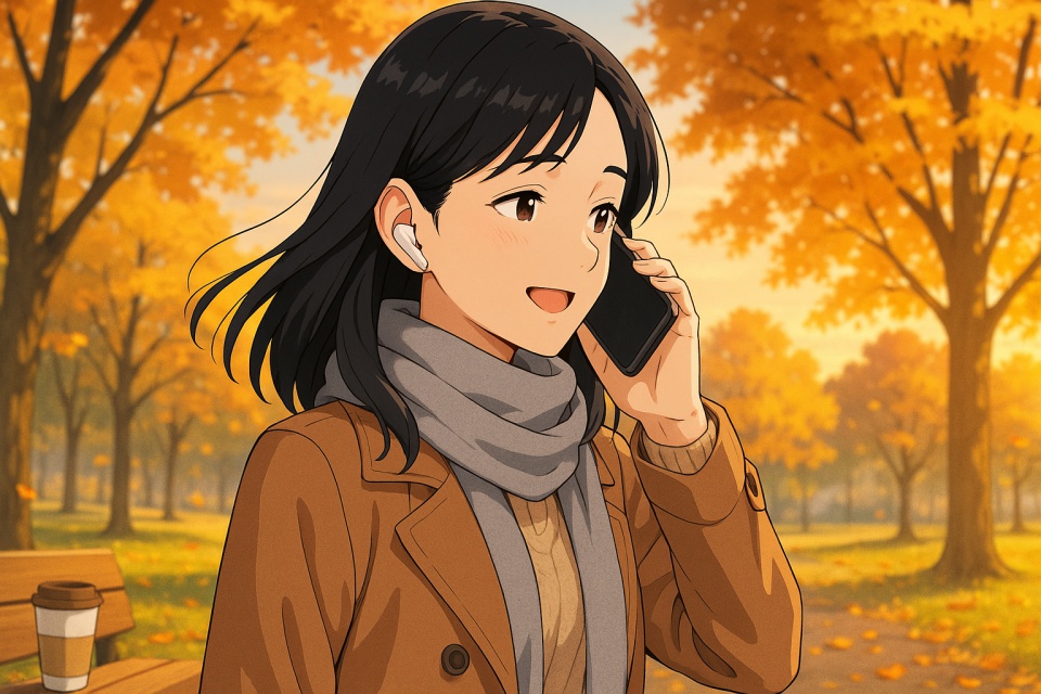 秋の公園で夕方の柔らかな光に包まれながら、スマートフォンで通話を楽しむ28歳の日本人女性あまちゃん。肩にかかる黒く艶のあるストレートヘアが風に揺れ、左耳にはBluetoothイヤホンを装着。ベージュのニットとライトブラウンのコート、グレーのマフラーを身に着け、ベンチの上には湯気の立つコーヒーカップが置かれている。背景には紅葉した木々と落ち葉が広がり、穏やかで温かな秋の夕暮れの雰囲気が漂う。