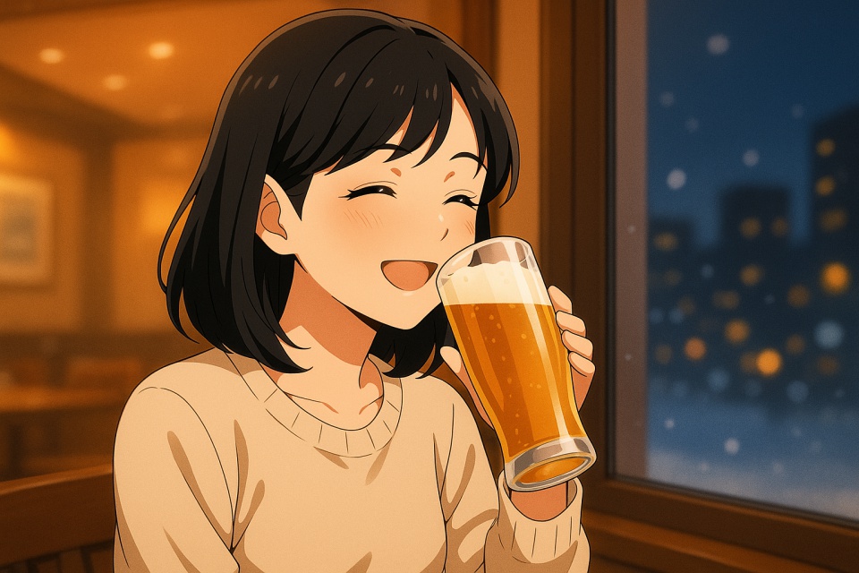 冬の夜、あたたかいレストランの窓際でビールを飲む日本人女性のアニメ風イラスト。右手でグラスを持ち、頬を少し赤らめて笑顔を見せている。肩までの艶やかな黒髪がオレンジ色の照明に照らされ、窓の外には雪がちらつく夜景が広がり、室内のぬくもりと外の冷たさが対比的に描かれている。
