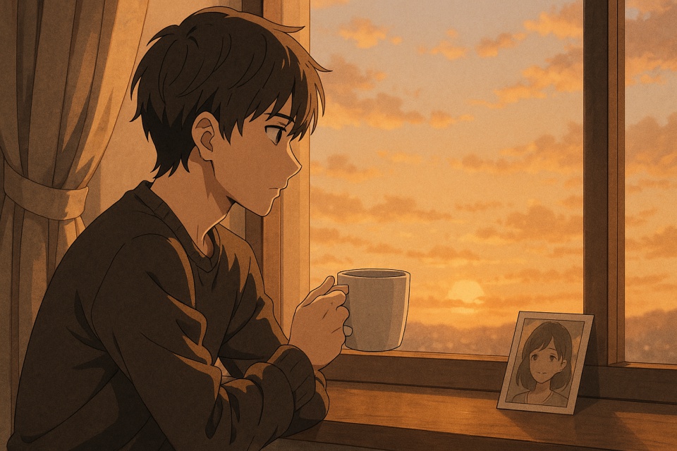 夕暮れの窓辺に座る男性がコーヒーを手に、静かに外を見つめている。オレンジ色の夕陽が部屋を柔らかく照らし、窓辺には女性の写真が置かれている。穏やかで切ない雰囲気のアニメイラスト。