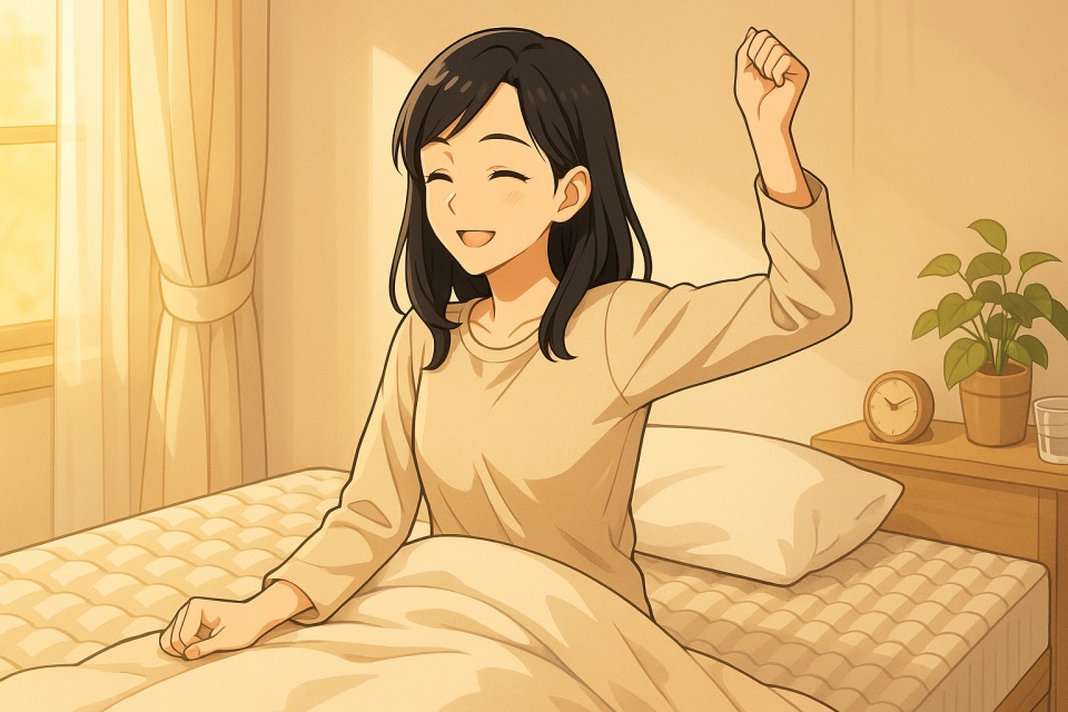 朝日が差し込む寝室で、ムアツ布団風の凹凸マットレスの上に座りながら目覚める女性。肩にかかる黒髪のストレートヘアが光を受けて艶やかに輝き、右手で軽く伸びをして穏やかに微笑んでいる。