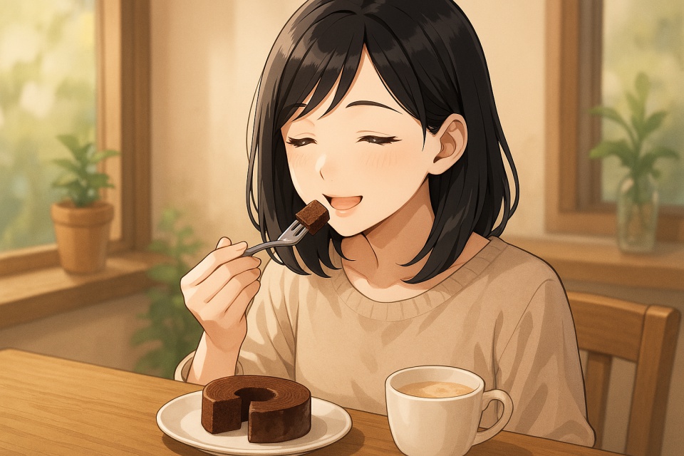 カフェの木のテーブルで、ル ショコラ ドゥ アッシュのショコラバウムクーヘンをフォークでひと口食べて微笑んでいるアニメイラスト。肩までの黒髪ストレートで清潔感のある日本人女性。隣にはカフェラテのカップがあり、やわらかな自然光が差し込むベージュトーンの穏やかな午後の雰囲気。
