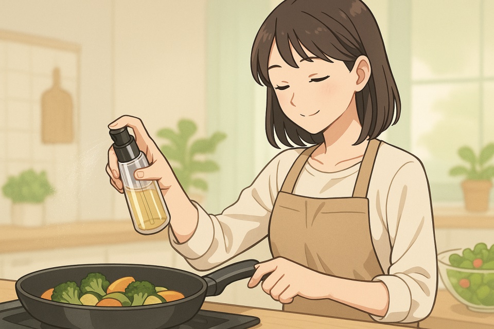 明るいキッチンでオイルスプレーを使い、野菜を調理している女性のアニメイラスト。 霧状のオイルがふんわりと広がり、柔らかな光が差し込むナチュラルな雰囲気。 背景にはサラダや食材がぼかして描かれ、清潔感と健康的な暮らしを感じさせる構図。