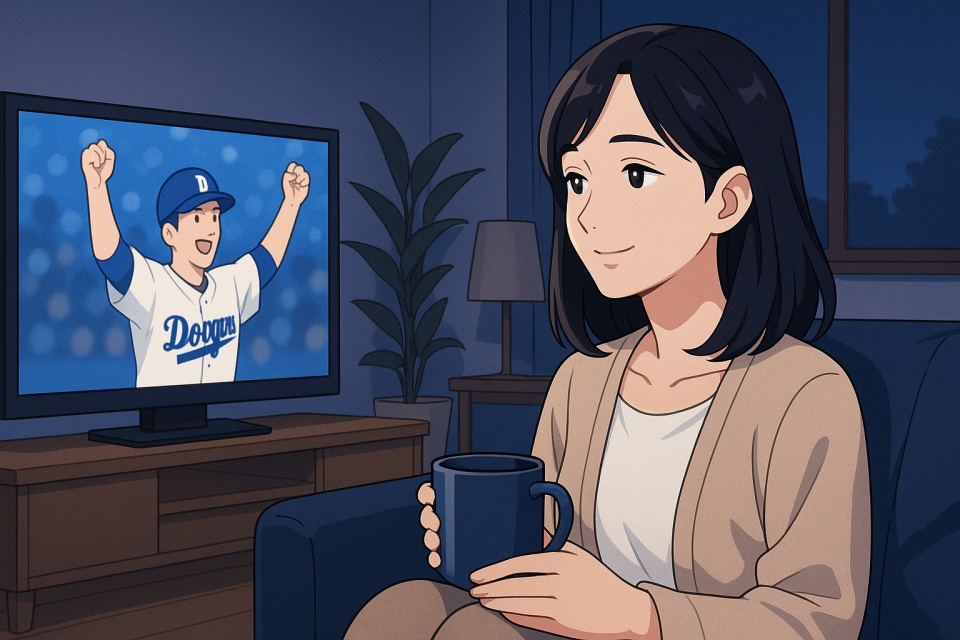 夜のリビングでソファに座り、テレビ中継でドジャースの優勝シーンを見て微笑む日本人女性のアニメイラスト。ツヤのある黒髪の肩までのストレートヘアで、右手に青いマグカップを持ちながらリラックスしている。テレビの青白い光が部屋を照らし、木製の家具と観葉植物がある落ち着いた空間が描かれている。