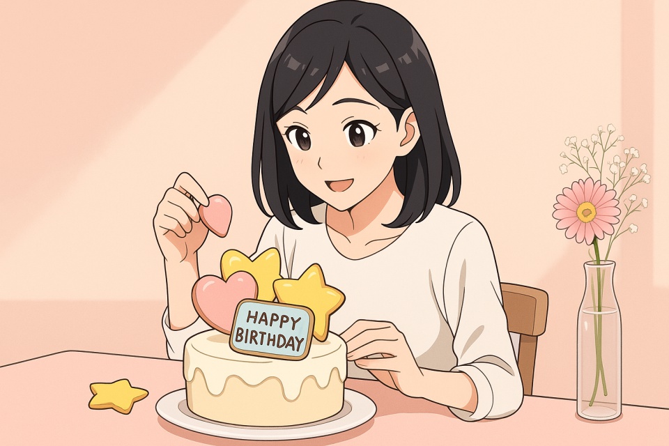 日本人女性が白いブラウスを着て、誕生日ケーキにカラフルなアイシングクッキーを飾っている様子。やわらかな日差しが差し込む部屋で、ピンクのガーベラとカスミソウが添えられた温かい雰囲気のアニメイラスト。