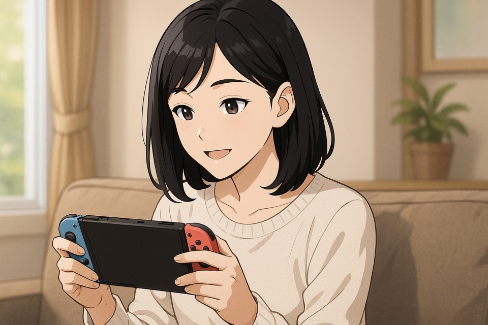 アニメ風イラスト。肩にかかる黒髪ストレートの美しい日本人女性が、明るい自然光の差し込むリビングでソファに座り、ポータブルゲーム機を両手で操作しながら微笑んでいる。白いニットを着ており、穏やかでリラックスした雰囲気のワンシーン。