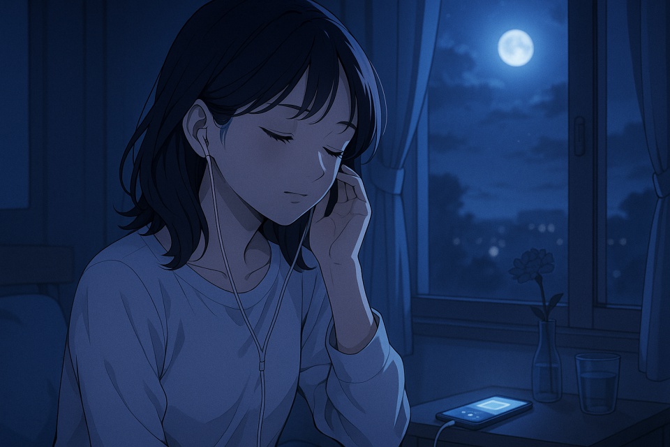 夜の静かな部屋でイヤホンをつけ、目を閉じて音楽を聴く女性。月明かりが窓から差し込み、机の上にはスマートフォンとグラスが置かれている。柔らかなブルーの光が部屋を包み、穏やかで切ない雰囲気を描いたアニメイラスト。