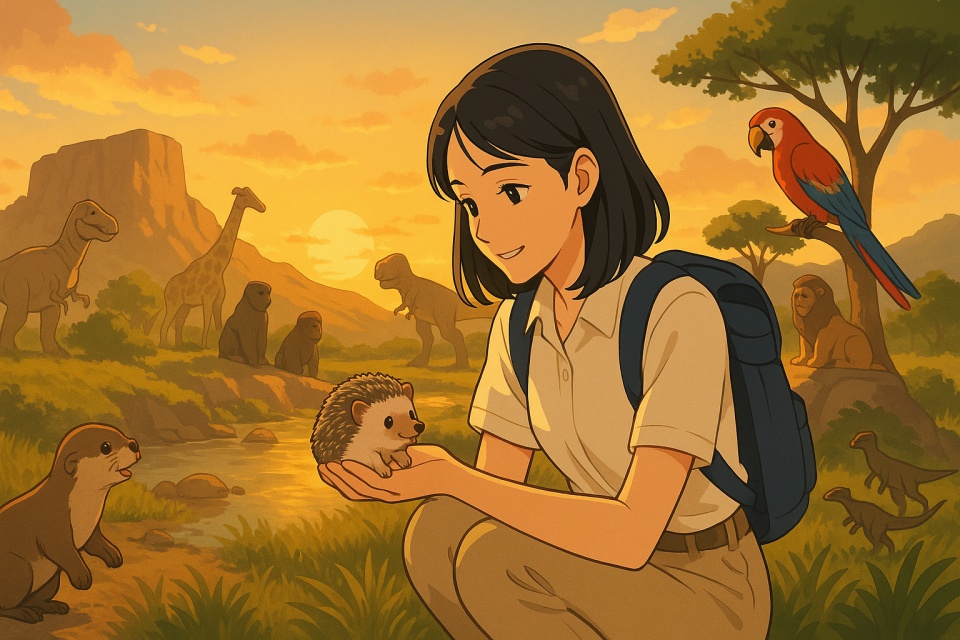 夕暮れの大地で日本人女性がヨツユビハリネズミのハートを手に微笑む。周囲にはコツメカワウソ、オオハナインコ、アフリカゾウ、アミメキリン、ライオン、ゴリラ、恐竜たちが集まり、温かな光に包まれた冒険の情景を描いたアニメイラスト。