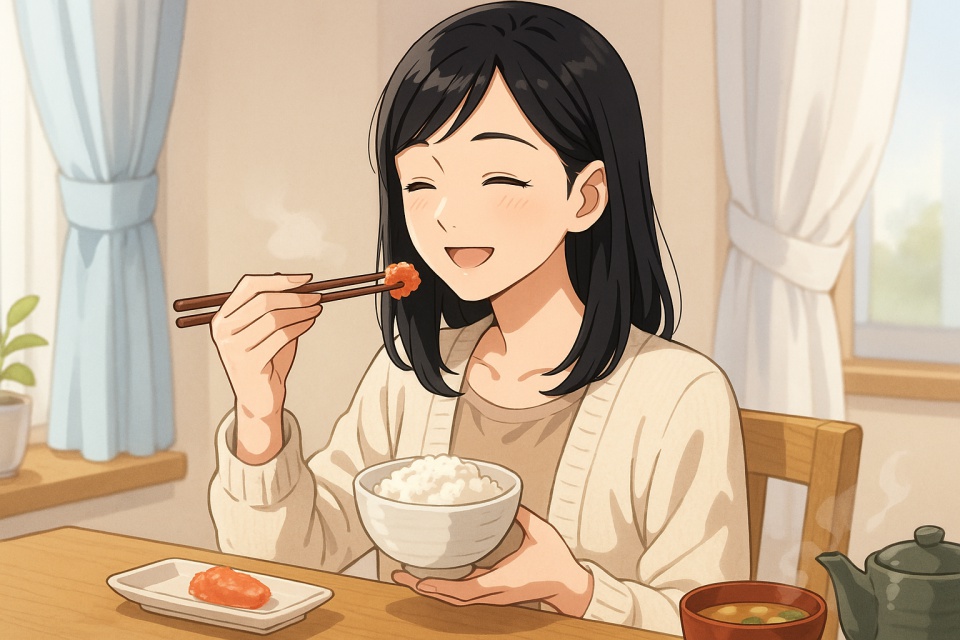 朝の光が差し込むダイニングで、日本人女性が笑顔でご飯に鮭明太をのせて食べている。湯気の立つ味噌汁と急須が並び、温かく穏やかな雰囲気のアニメイラスト。