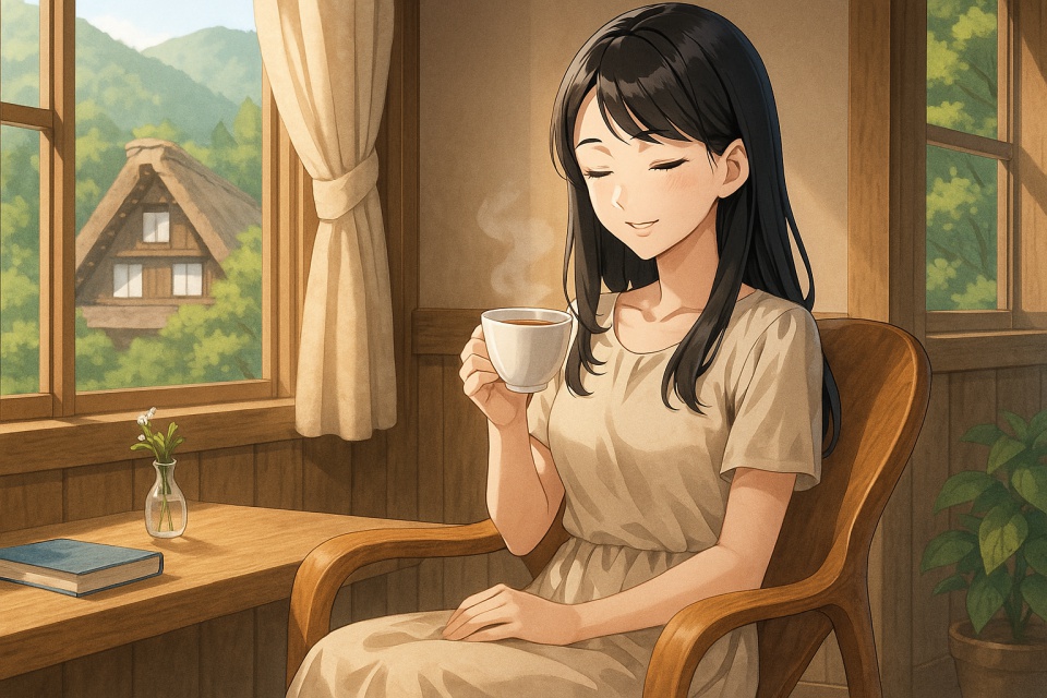 飛騨高山の木の温もりあふれるカフェで、日本人女性がデザインチェアに腰かけ、紅茶を手に微笑むアニメ風イラスト。窓の外には合掌造りの屋根と山の緑が広がり、午後の光がやさしく差し込む穏やかな情景。