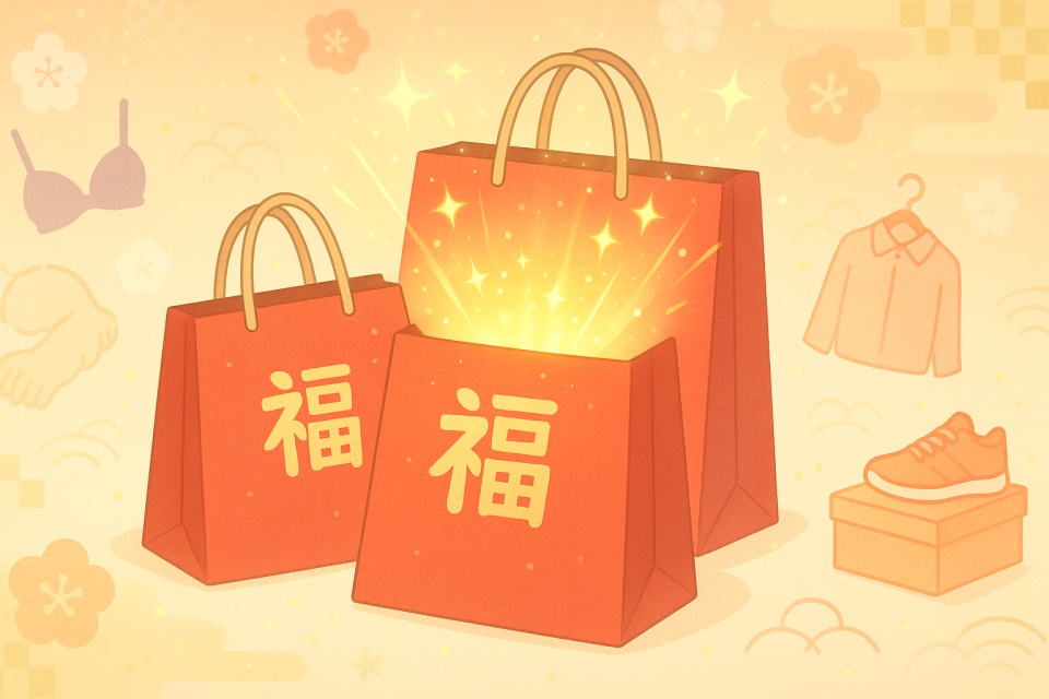新春らしい明るい背景の中に、赤い福袋が3つ並び、中央の福袋から金色の光があふれているアニメ風イラスト。周囲には下着・洋服・スニーカーなど福袋の中身を連想させるぼかしアイコンが配置され、ワクワク感を表現している。