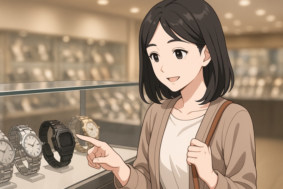 明るい時計店のショーケース前で、肩までの黒髪ストレートの若い女性がフルメタル腕時計を見つめながら選んでいるアニメ風イラスト。ショーケースには複数のメタル時計が並び、女性は微笑みながら右手で時計に触れようとしている。