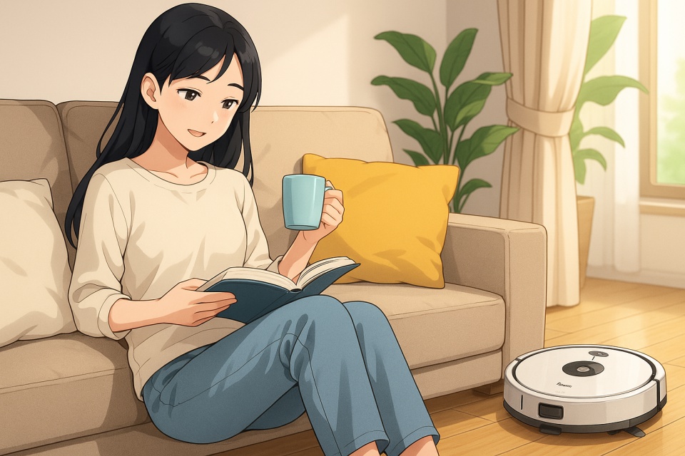 「ルンバに掃除を任せて、リビングでくつろぐ女性」 明るいリビングのソファで、黒髪の女性が本を読みながらマグカップを手に微笑んでいる。足元ではロボット掃除機ルンバが静かに床掃除中。観葉植物やふんわりした日差しが差し込み、穏やかでリラックスした雰囲気が漂う。