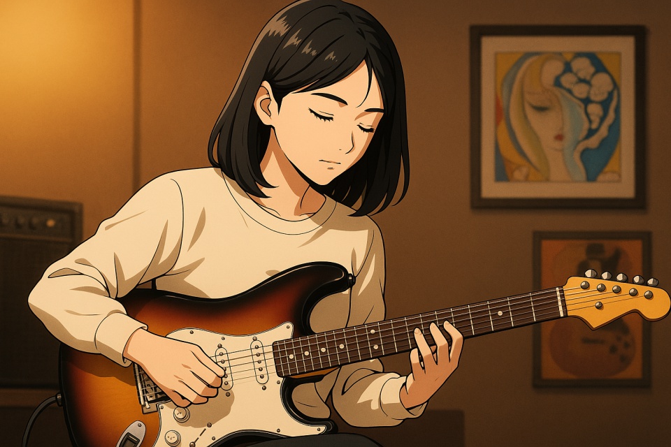 エリック・クラプトンの「レイラ」を演奏する日本人女性、菜緒子がストラトキャスターを抱えて集中して弾いているアニメ風イラスト。暖色の室内でアンプやギターポスターに囲まれた音楽的雰囲気。