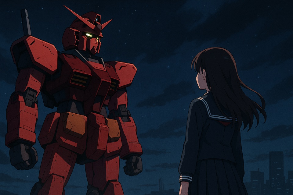 夜空の下、赤い巨大なロボット（ガンダム風の機体）と、それを見上げる女子高校生が向かい合って立っている。ロボットは金色に光る目で無言の存在感を放ち、女子高生は制服姿で長い髪をなびかせながら静かに見つめている。空には星が散りばめられ、都市のシルエットが遠くに見える。黙示録的な静けさと、価値観の相違を象徴するような対話のない緊張感が漂う場面。