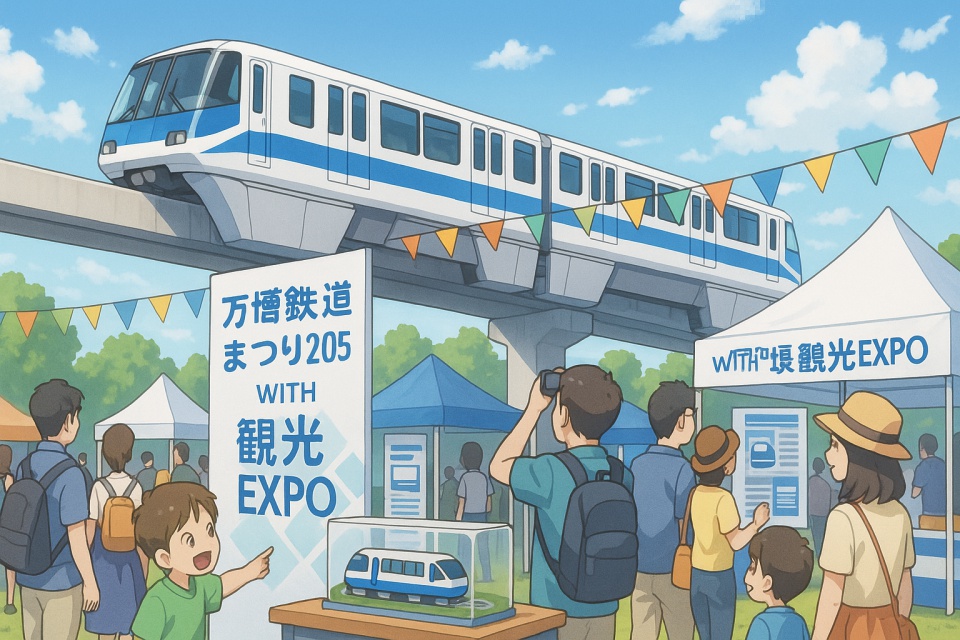 青空の下、万博記念公園で開催される“万博鉄道まつり2025 with 観光EXPO”の会場に大阪モノレールが通過する様子を描いたアニメ風イラスト。カラフルな旗が飾られた会場で、家族連れや鉄道ファンが展示ブースやモノレールの模型を楽しそうに見ている、明るく賑やかな雰囲気のシーン。
