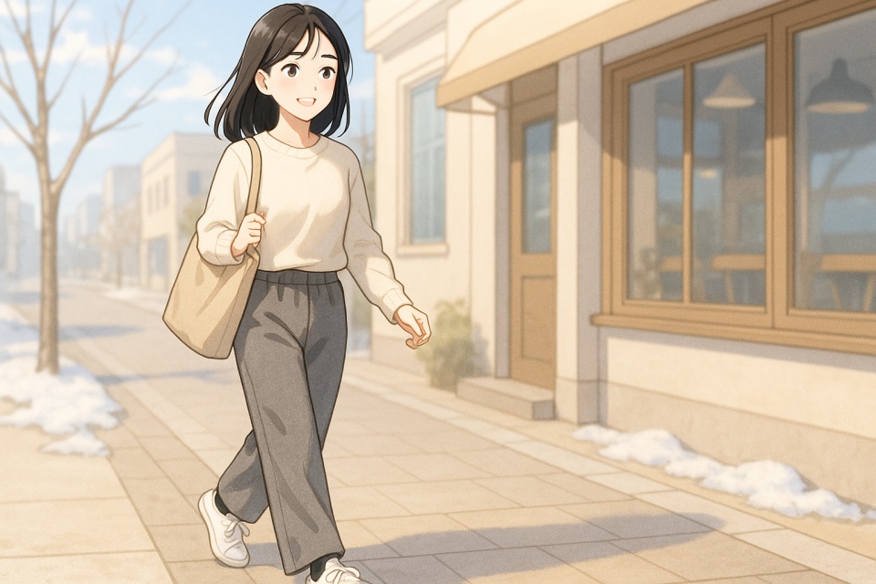 冬の街を歩く若い日本人女性。肩にかかる艶のある黒髪のストレートヘアで、裏起毛のワイドパンツと白のコートを着こなし、柔らかな冬の自然光の中を軽やかに歩いているアニメイラスト。温かさと清潔感のある雰囲気。