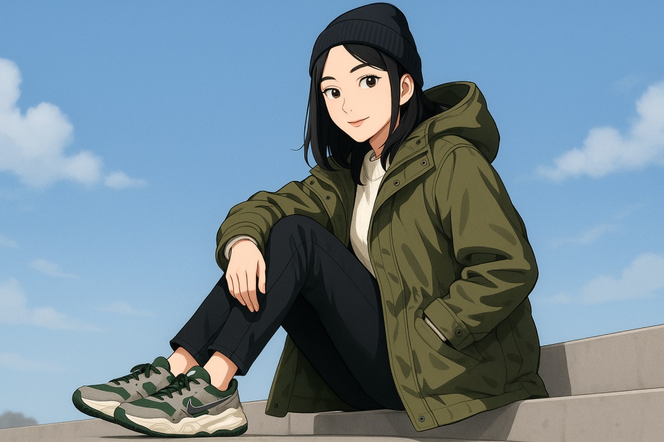 カーキのモッズコートと黒スキニー、白ニットを着た黒髪の日本人女性が、青空の下の階段に座り、ナイキ テック ヘラのスニーカーを履いて微笑んでいる冬のストリート風アニメイラスト