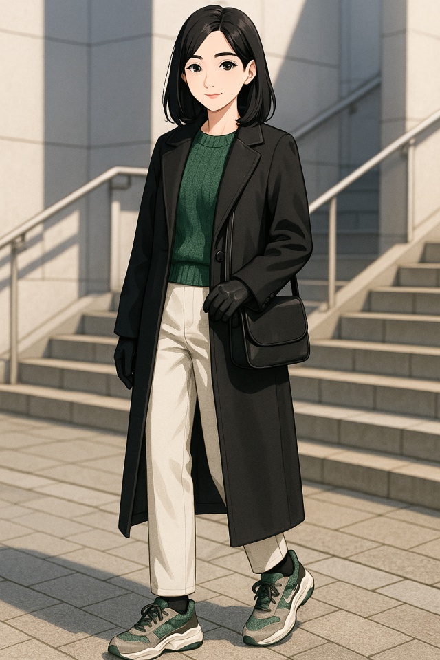 黒のロングコートとくすみグリーンのニット、アイボリーパンツを着た黒髪の日本人女性が、冬の街角でナイキ テック ヘラ ウィメンズシューズを履いて立っているアニメ風イラスト。大人っぽい綺麗めスタイルにスニーカーが自然に馴染んだ冬コーデ。
