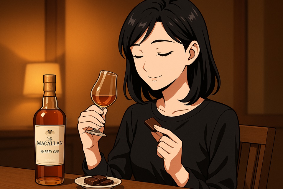 暖かな照明の室内で、黒髪の日本人女性が右手にザ・マッカラン シェリーオークの入ったグラス、左手にダークチョコを持ち、香りと甘みを楽しむように微笑んでいるアニメイラスト。テーブルにはボトルとチョコレートが置かれ、落ち着いた大人の雰囲気が漂う。