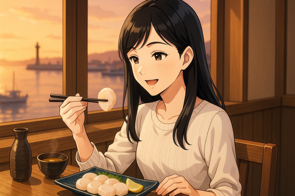 夕暮れの港を背景にした北海道の和食店で、黒髪の女性がホタテ貝柱のお刺身を箸で持ち上げ、嬉しそうに味わおうとしているアニメイラスト。木のカウンターに並ぶ大粒のホタテと湯気の立つ味噌汁が、旅の温かい雰囲気を演出している。