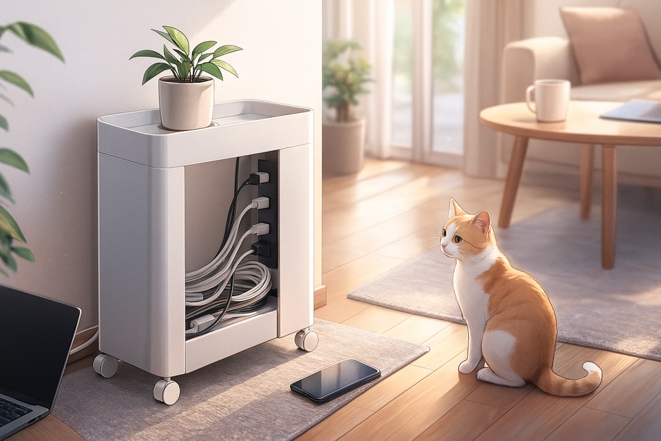 明るいリビングの床に、山崎実業の白いキャスター付きケーブル収納ラックが置かれ、内部に電源タップと複数のケーブルがすっきりと収まっている。隣には黒い猫のシルエットが座っていて、収納ラックを興味深そうに見つめている。背景には観葉植物と日差しの差し込む窓、ソファやテーブルがあり、整った暮らしの雰囲気が漂うアニメ調イラスト。