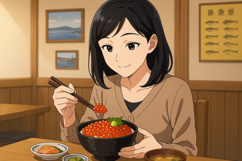 北海道の食堂で、黒髪の日本人女性がイクラ丼定食を前に微笑みながら、右手で箸を使ってイクラをすくっている様子。木の温もりがある店内で、味噌汁や小鉢も並ぶ、あたたかい旅グルメの雰囲気が漂うアニメ風イラスト。