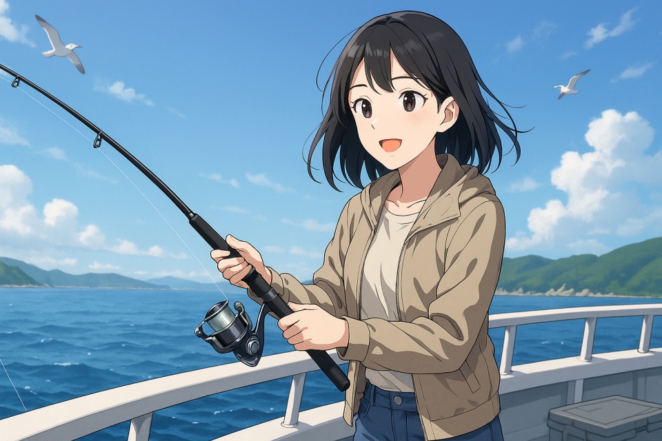 北海道の青い海の上、遊漁船の甲板で黒髪の日本人女性（あまちゃん）が右手で釣り竿を構え、嬉しそうに海釣りを楽しんでいるアニメ風イラスト。背後には緑の岬とカモメが飛ぶ爽やかな風景が広がる。