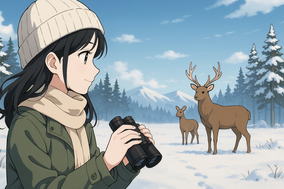 冬の北海道の雪原で、黒髪の日本人女性（あまちゃん）が双眼鏡を手に野生のエゾシカの親子を穏やかに観察しているアニメ風イラスト。背景には雪をまとった針葉樹林と山々が広がり、静かなネイチャーツアーの雰囲気が漂う。