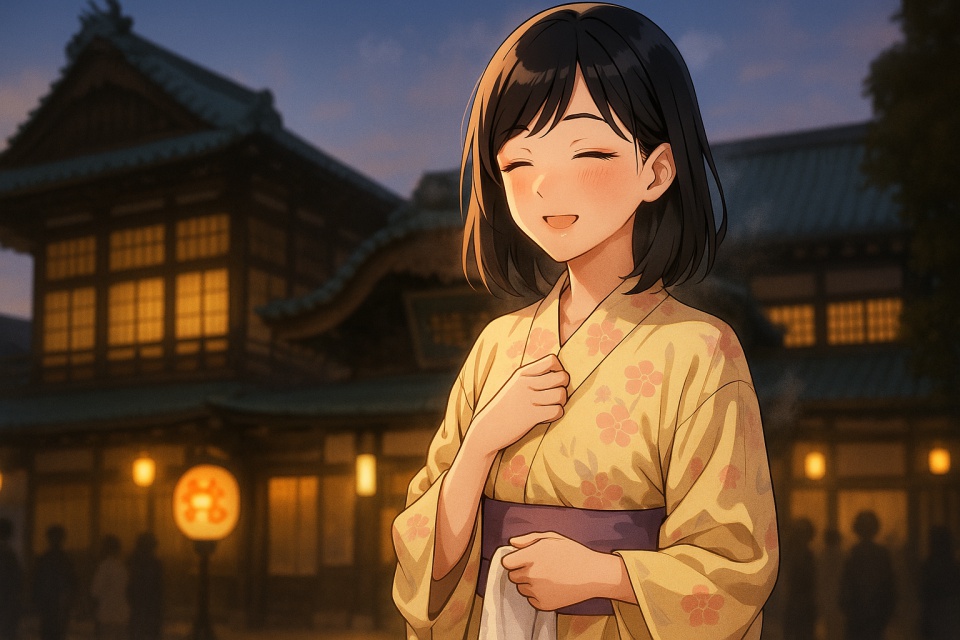 夕暮れの道後温泉本館前で、湯上がりの女性が淡い黄色の浴衣を着て微笑んでいるアニメイラスト。頬がほんのり赤く、右手に白いタオルを持ち、温泉の余韻でぽかぽかと温まっている雰囲気が伝わる。背後には提灯の柔らかい灯りと木造建築が温かく輝いている。