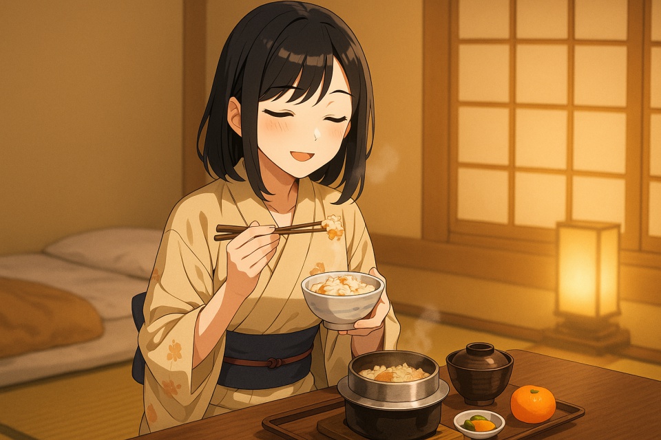 道後温泉の旅館の和室で、淡い浴衣を着た女性が、湯気の立つ鯛めしを小鉢に取り分けて笑顔で食べようとしているアニメイラスト。右手に箸、左手に小鉢を持ち、テーブルには釜飯の釜、味噌汁、小鉢、みかんが並び、暖色の照明と障子の光が温かい雰囲気を演出している。