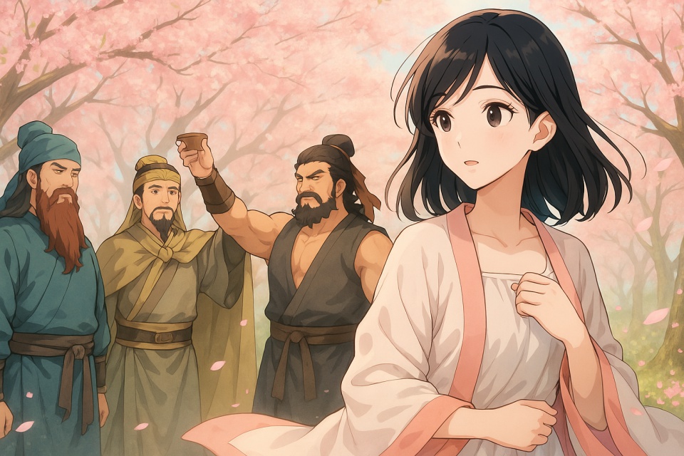 満開の桃の花が広がる桃園で、劉備・関羽・張飛の三人が誓いを交わす場面に、現代から時空を超えて現れた“菜緒子”が立っているアニメ風イラスト。淡いピンクの着物姿の菜緒子が前を向いて立ち、背後では三人の武将が盃を掲げている。