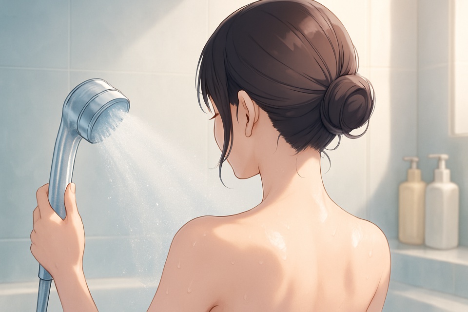 浴室で女性がシャワーヘッドを手に持ち、細かいミスト状の水流を肩に浴びている後ろ姿のアニメイラスト。淡いブルーと白を基調とした清潔感のある空間で、肌に水滴が光り、リラックスしたバスタイムの雰囲気が伝わる。