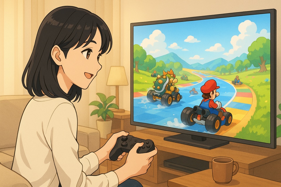 リビングのソファに座る黒髪の女性が、ゲームコントローラーを右手に持ちながらテレビの大画面でマリオカートを楽しんでいるアニメ風イラスト。画面にはカラフルなコースを走るキャラクターたちが映り、部屋には観葉植物やランプが置かれた温かい雰囲気の空間が描かれている。