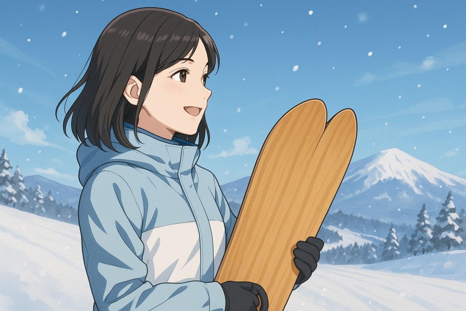 雪山のゲレンデで、肩までの黒髪ストレートの女性が、木目のパウダーボードを胸の前で抱えて微笑んでいるアニメ風イラスト。青空の下、遠くに雪の山と針葉樹が見え、冬の爽やかな雰囲気が広がっている。