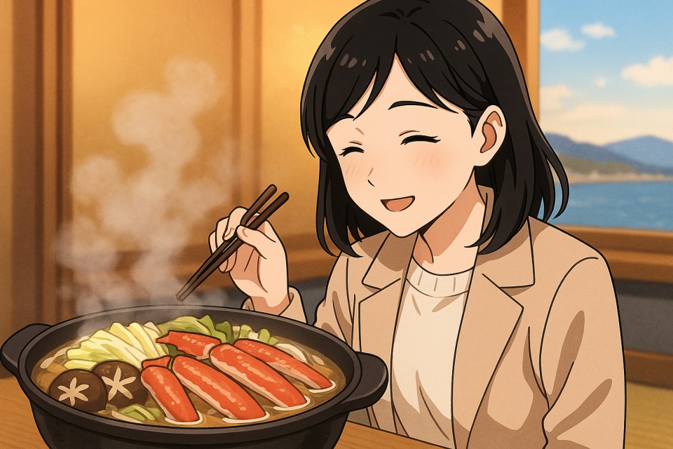 敦賀を旅する日本人女性が、湯気の立つカット生ずわい蟹の鍋を前に笑顔で箸を持つアニメイラスト。旅館の窓越しに海が見え、温かい冬の食卓の雰囲気が伝わる。