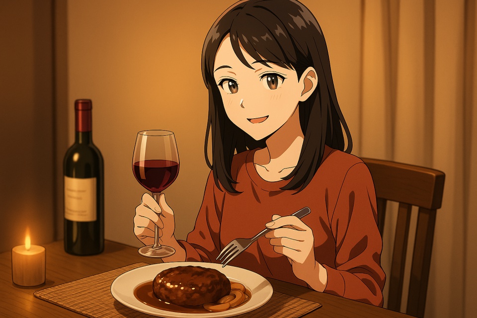 夕食のテーブルで、日本人女性が近江牛入りハンバーグと赤ワインを楽しんでいるアニメイラスト。右手にフォーク、左手にワイングラスを持ち、微笑みながらこちらを向いている。温かい照明の中、木製テーブルにはハンバーグ、赤ワインのボトル、キャンドルが置かれ、落ち着いた雰囲気の食卓シーンが描かれている。