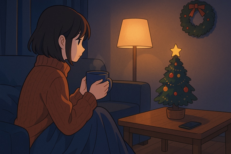 クリスマス前の夜、暖色のランプに照らされた部屋で、マグカップを手にソファに座り、小さなクリスマスツリーを眺めながら一人の時間を過ごす女性のアニメイラスト