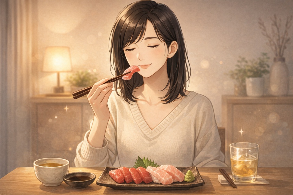 夕方のやさしい光に包まれた室内で、黒髪の日本人女性が箸で本マグロのトロをつまみ、静かに味わっているアニメイラスト。木目のテーブルには赤身とトロが並び、日常の中で自分の心を癒すご褒美の食事を、落ち着いた幸福感とともに表現している。