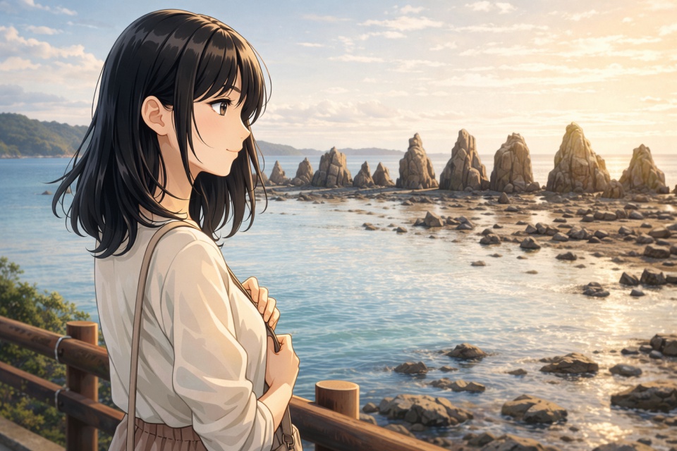 和歌山県東牟婁郡串本町の観光スポット「橋杭岩」を眺める、黒髪ストレートの日本人女性が海辺に立つアニメイラスト