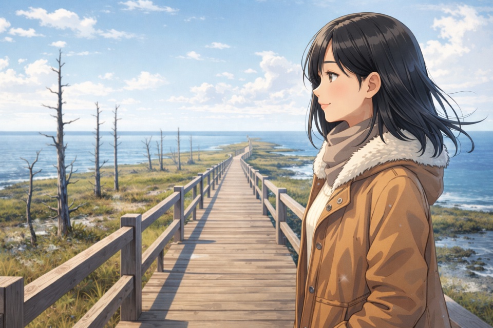 北海道別海町の野付半島で、暖かい服装をした日本人女性が遊歩道に立ち、海と湿地に囲まれた最果ての風景を静かに眺めているアニメイラスト