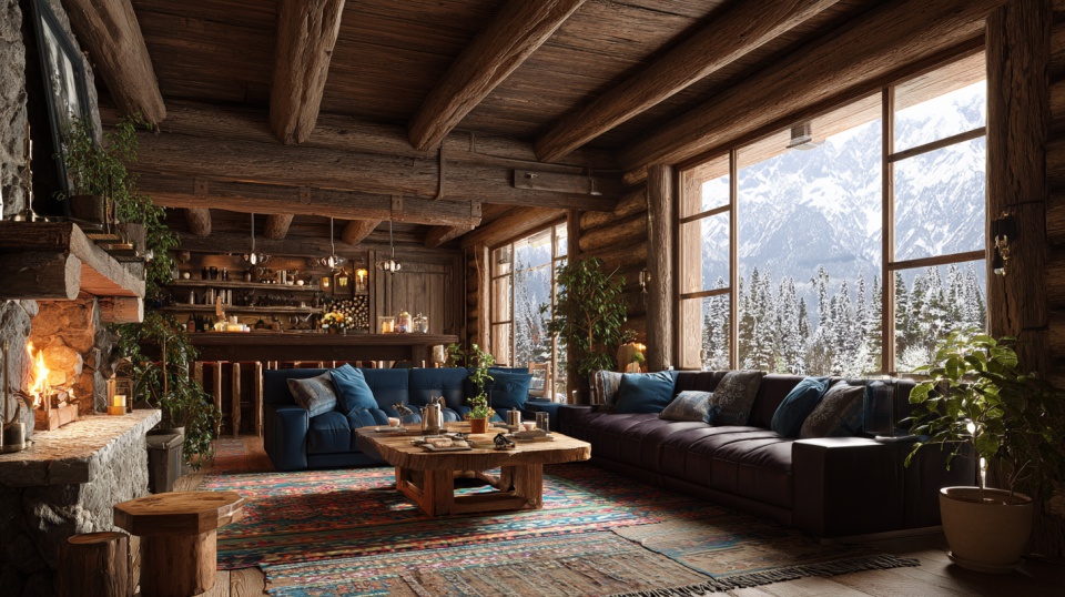 雪山を望む大きな窓がある山岳ロッジのリビング。木の梁とログ壁に囲まれ、暖炉の火と青いソファ、観葉植物が並ぶ温かみのある室内空間。