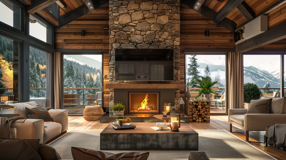 AIで作成したロッジの室内イメージ。石造りの暖炉と炎、テレビ、雪景色が見える窓を備えた落ち着いた山小屋の空間。