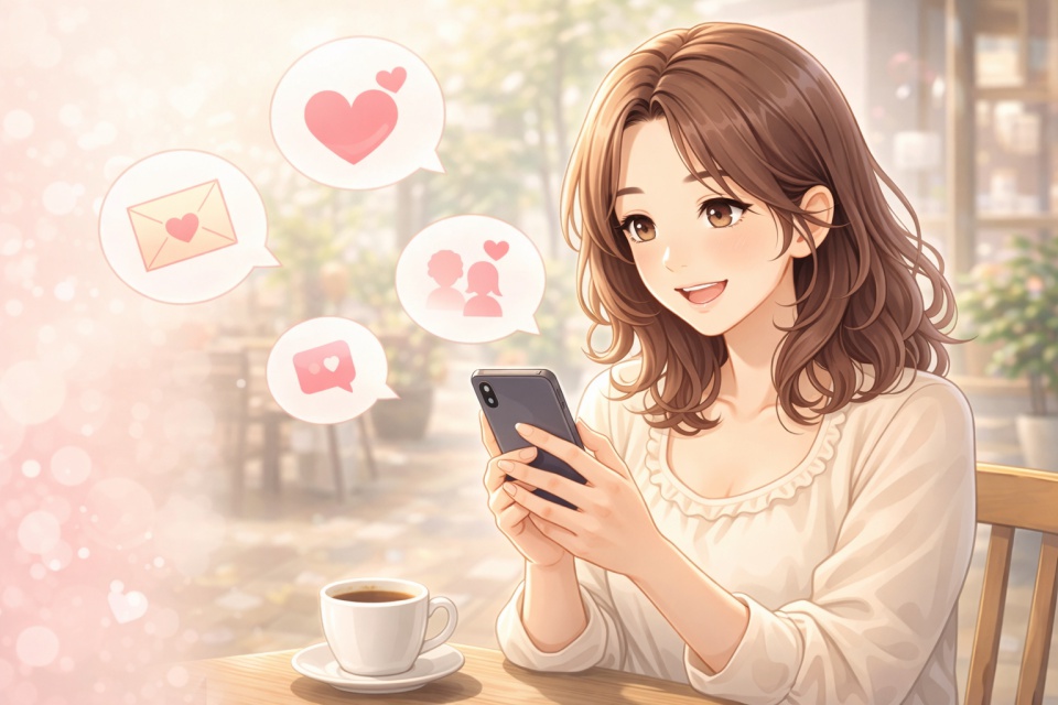 カフェでスマートフォンを見ながら微笑む女性のアニメイラスト。明るく清潔感のある雰囲気で、マッチングアプリを楽しむ様子を表現している。