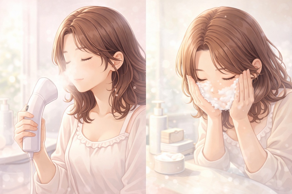 自宅の洗面スペースでスチームと洗顔を行う女性のイラスト。明るい自然光と清潔感のある空間で、毛穴ケアをしている様子を表現している。